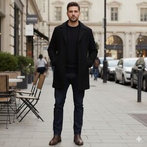 Brooks Sport‎ Heavyweight Wool Blend Coat Men Large Black Button Front Winter